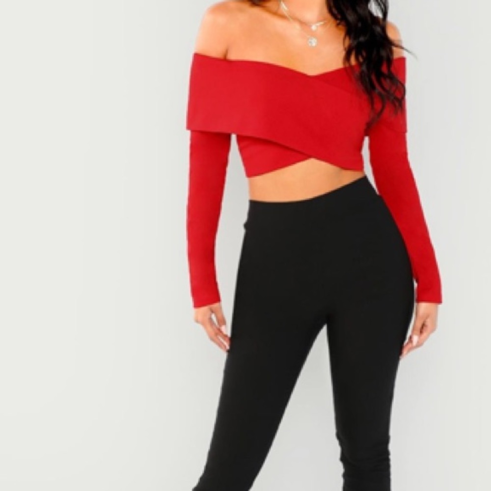 Red Cropped, Off- Shoulder Top Criss-Cross